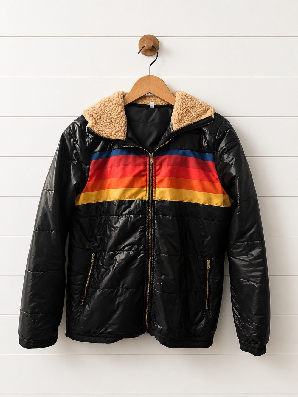 Black Lightweight Puffer Jacket with Multicolor Stripe and Sherpa Collar